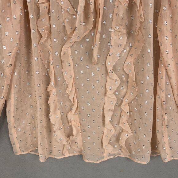 Rebecca Taylor Blouse Womens 2 Pink Tie Neck Ruffle Sheer Metallic Clip Dot Fem - Picture 3 of 15